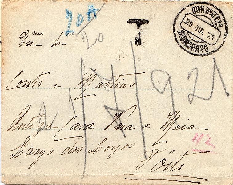 0044 f.jpg -     Lote:    44 (frente)      J. M. Castanheira da Silveira             Descrição:         1915 &mdash; Porteado. Emissão regular. Valor em centavos. Sobrescrito circulado de Moncorvo (20.07.21) para o Porto (21.07.21) sem franquia. Porteado no dobro do porte em falta com dois selos de 10c CE POR27.        Carta       Valor Base:     &euro; 20,00     Valor Venda:     &euro;      